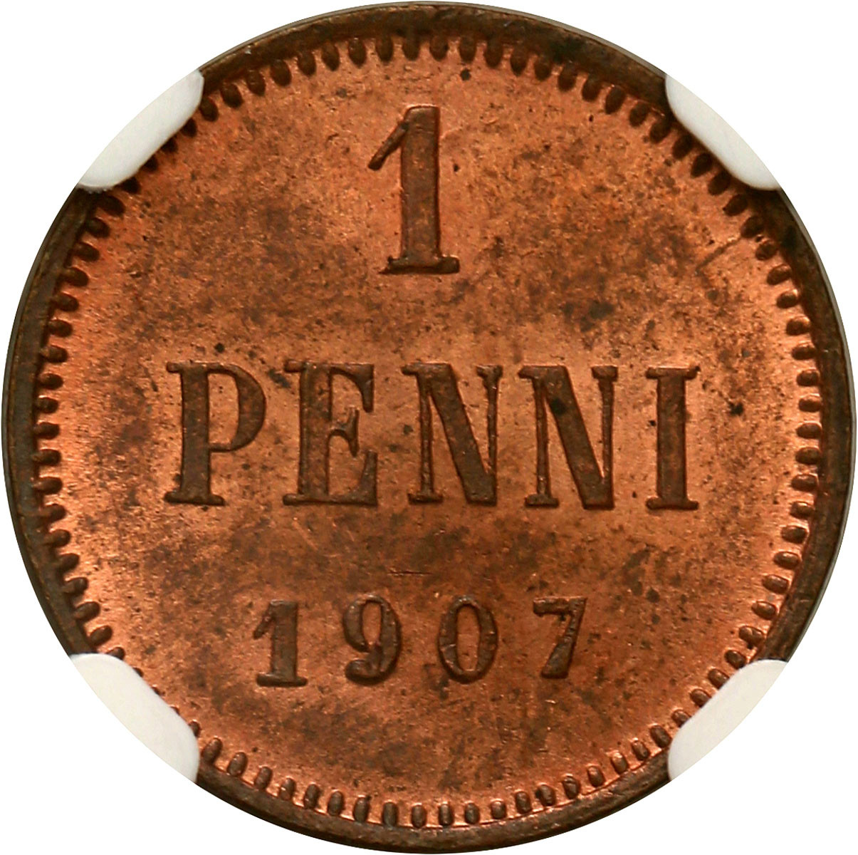 Rosja / Finlandia. Mikołaj II. 1 penni 1907, Helsinki NGC MS63 RB